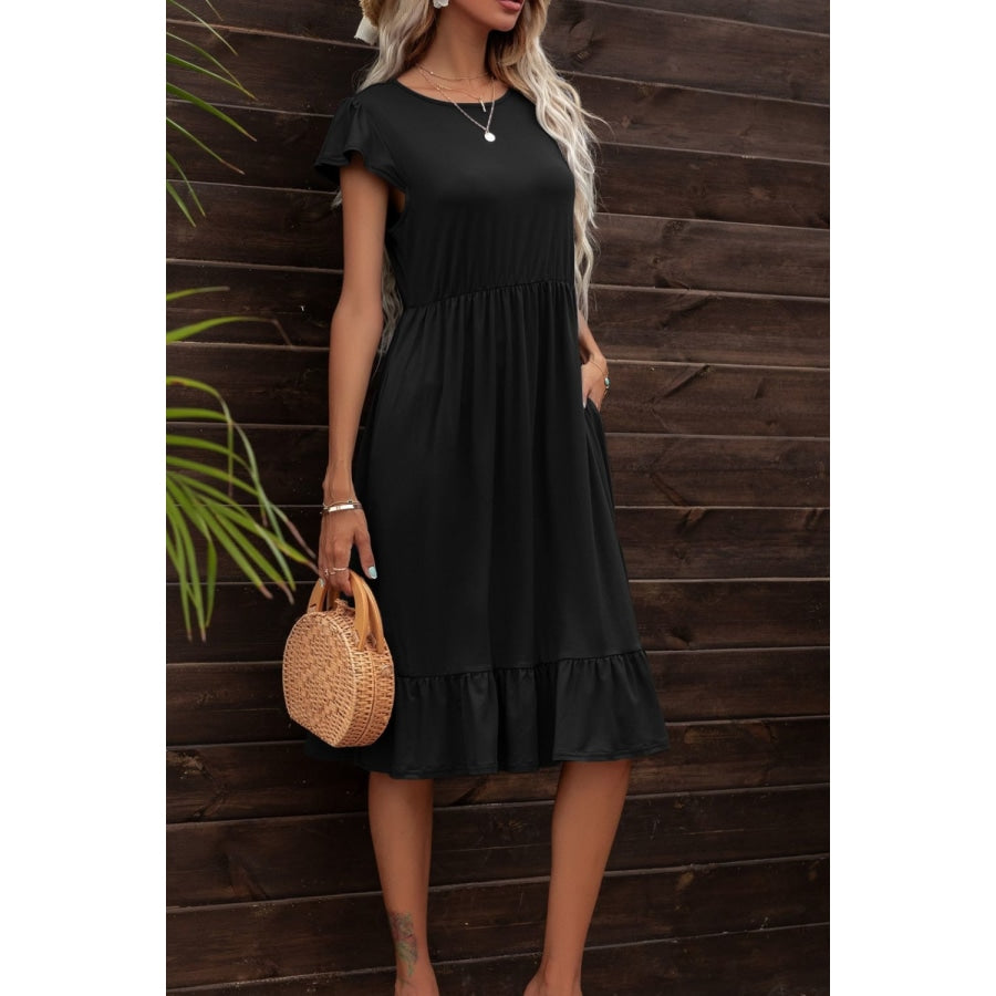 Round Neck Ruffle Hem Pocket Dress