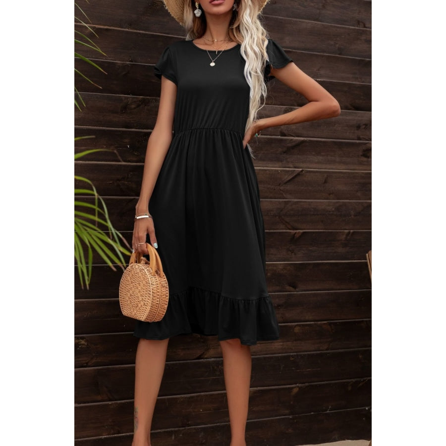 Round Neck Ruffle Hem Pocket Dress