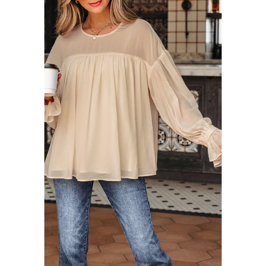 Round Neck Ruffle Sleeve Blouse Apparel and Accessories
