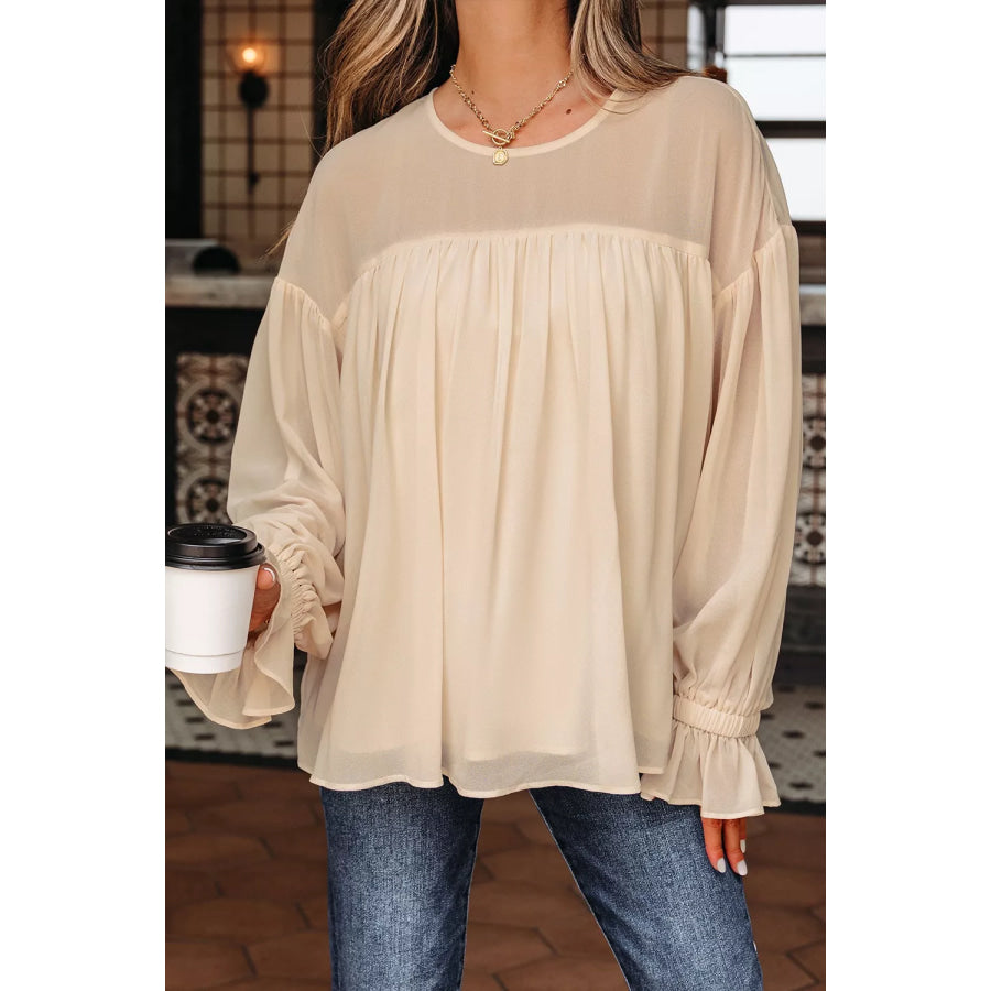 Round Neck Ruffle Sleeve Blouse Apparel and Accessories