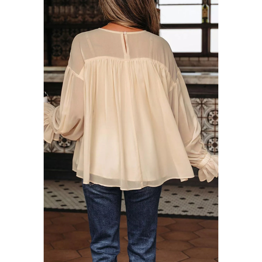 Round Neck Ruffle Sleeve Blouse Apparel and Accessories