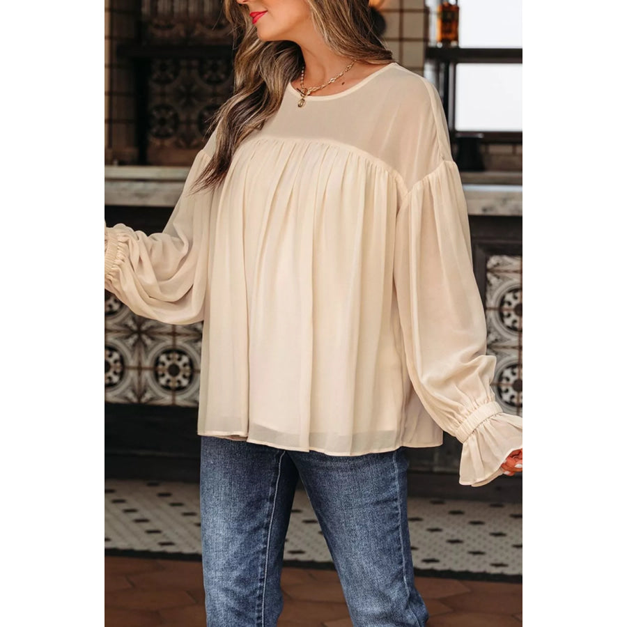 Round Neck Ruffle Sleeve Blouse Apparel and Accessories