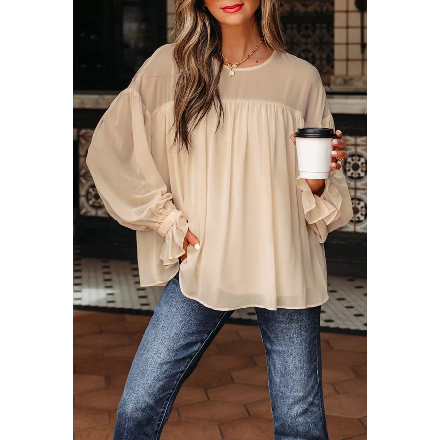 Round Neck Ruffle Sleeve Blouse Beige / S Apparel and Accessories