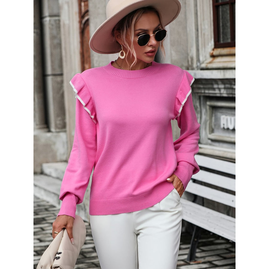 Round Neck Ruffle Trim Long Sleeve Pullover Sweater Fuchsia Pink / S