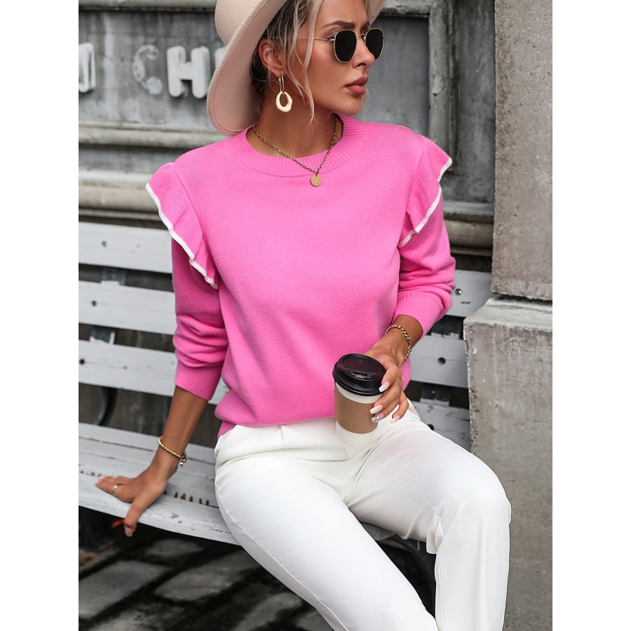 Round Neck Ruffle Trim Long Sleeve Pullover Sweater