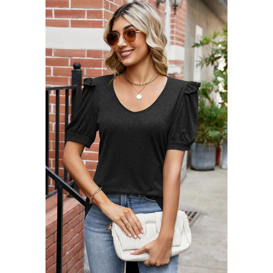 Round Neck Ruffle Trim Short Sleeve T - Shirt Apparel and Accessories