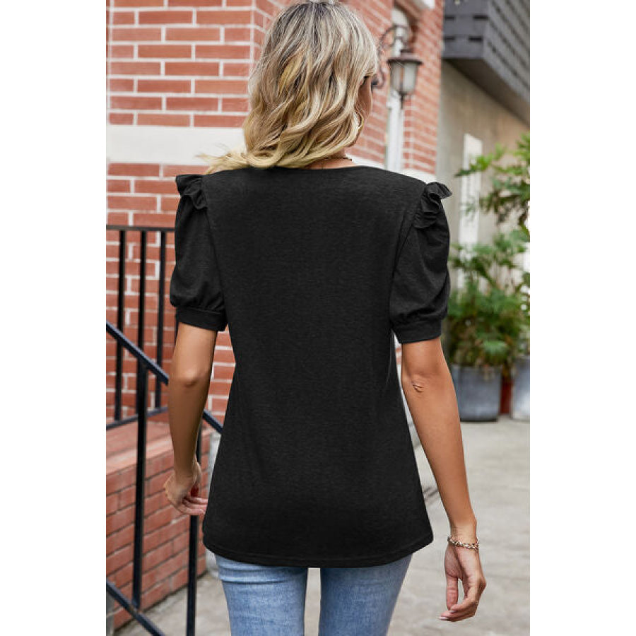 Round Neck Ruffle Trim Short Sleeve T - Shirt Apparel and Accessories