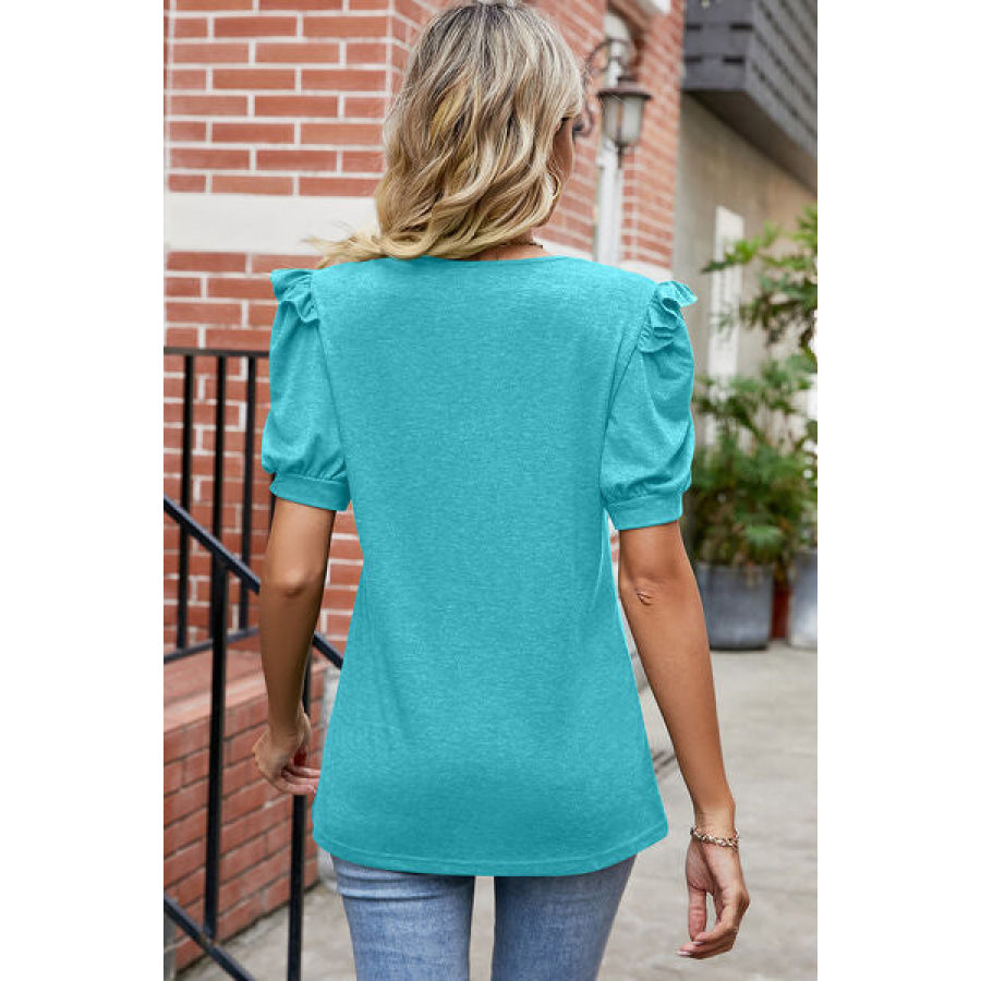 Round Neck Ruffle Trim Short Sleeve T - Shirt Apparel and Accessories