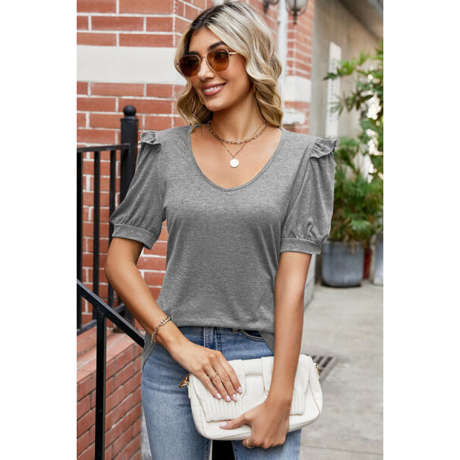 Round Neck Ruffle Trim Short Sleeve T - Shirt Apparel and Accessories