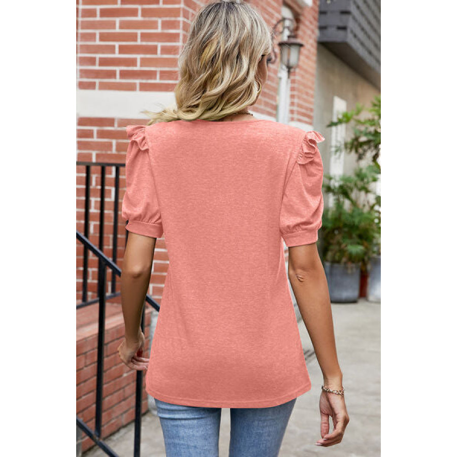 Round Neck Ruffle Trim Short Sleeve T - Shirt Apparel and Accessories