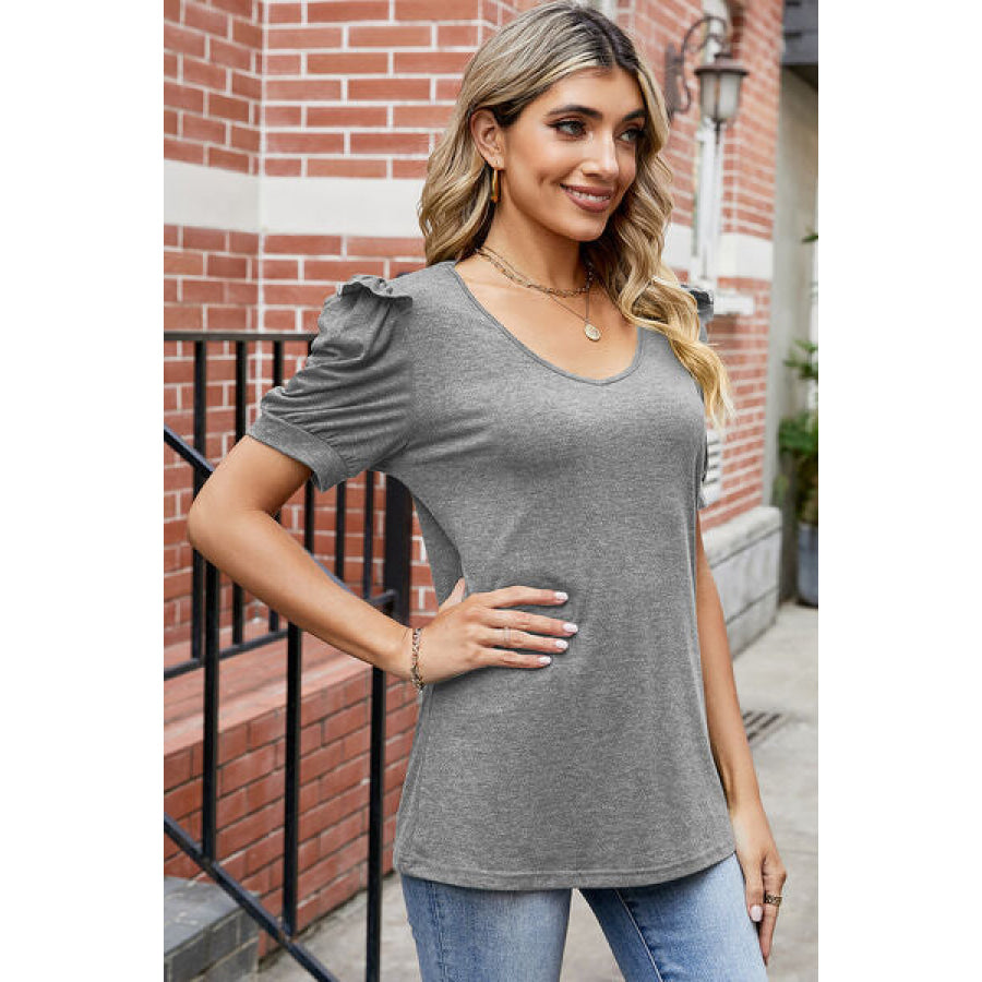 Round Neck Ruffle Trim Short Sleeve T - Shirt Apparel and Accessories