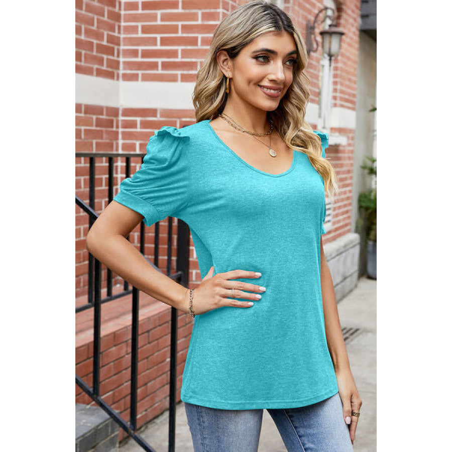 Round Neck Ruffle Trim Short Sleeve T - Shirt Apparel and Accessories