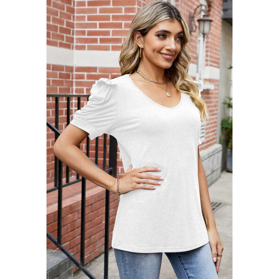 Round Neck Ruffle Trim Short Sleeve T - Shirt Apparel and Accessories