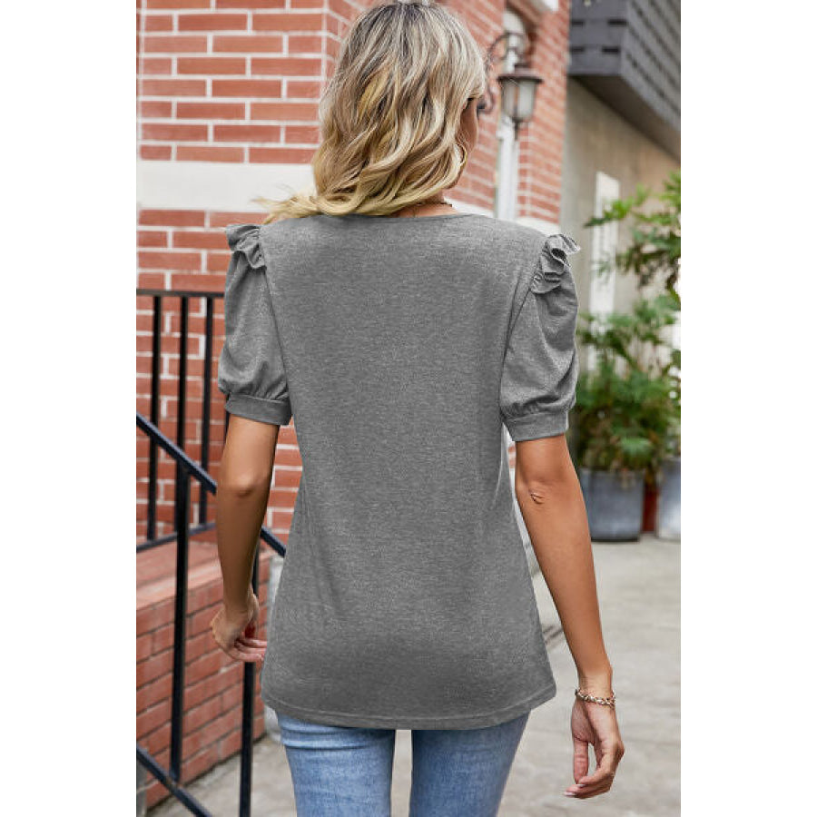 Round Neck Ruffle Trim Short Sleeve T - Shirt Apparel and Accessories