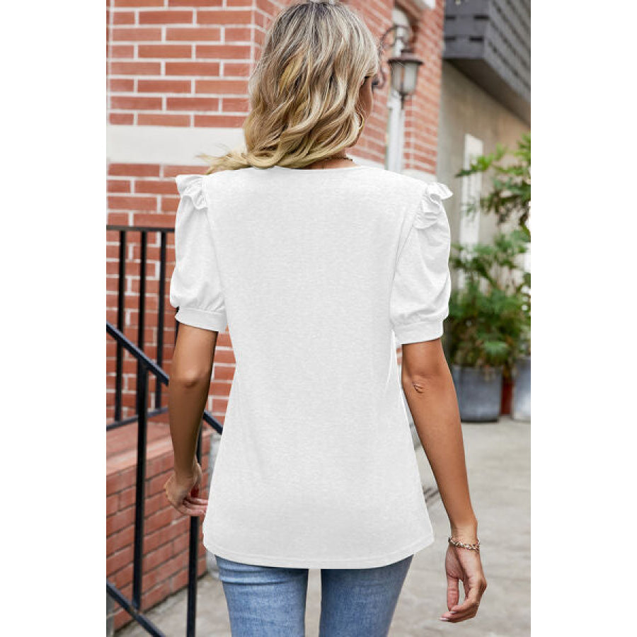 Round Neck Ruffle Trim Short Sleeve T - Shirt Apparel and Accessories