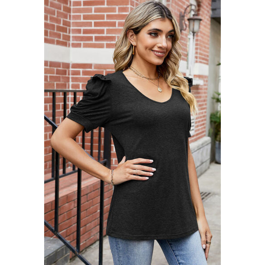 Round Neck Ruffle Trim Short Sleeve T - Shirt Apparel and Accessories