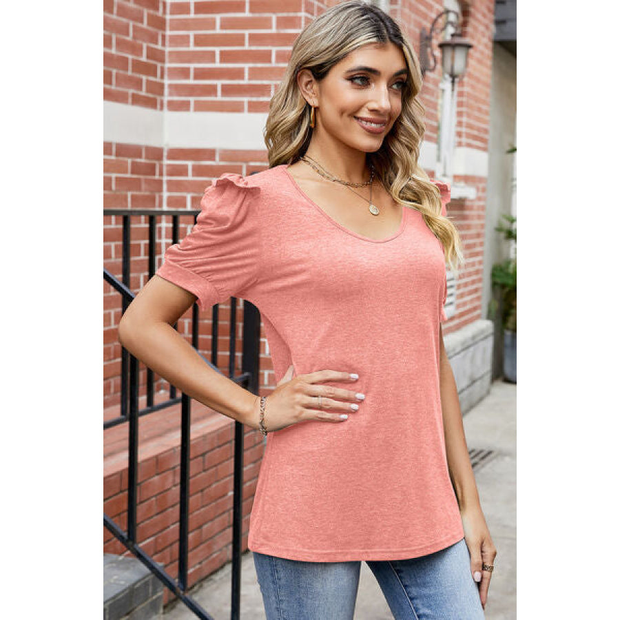 Round Neck Ruffle Trim Short Sleeve T - Shirt Apparel and Accessories