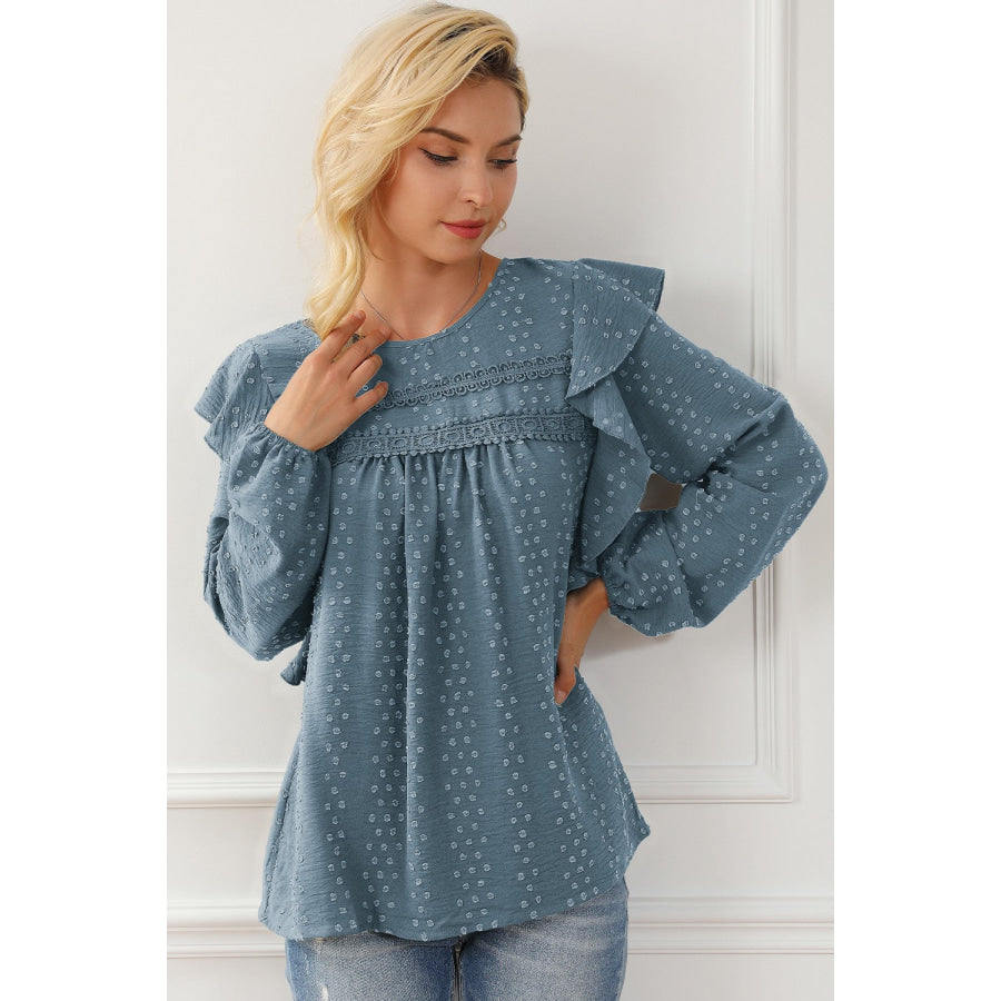 Round Neck Ruffled Blouse Apparel and Accessories