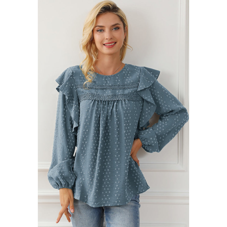 Round Neck Ruffled Blouse Apparel and Accessories