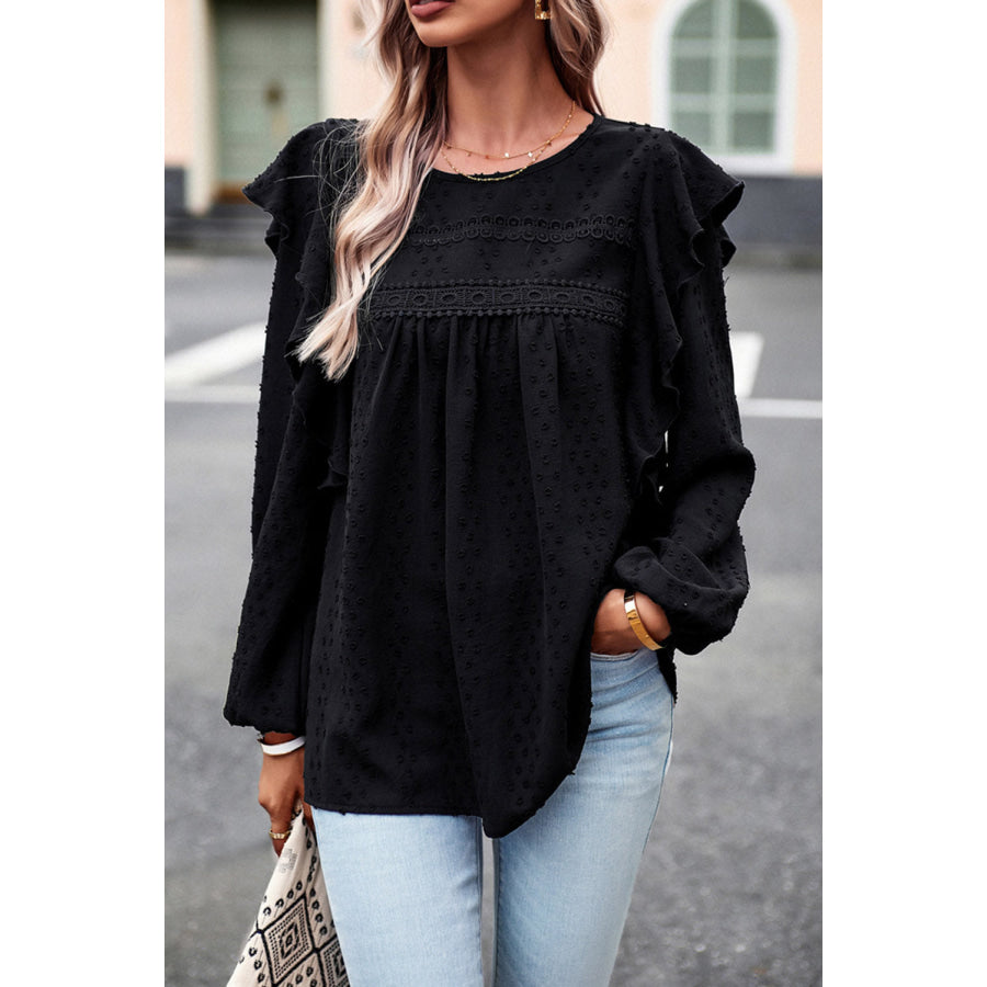 Round Neck Ruffled Blouse Black / S Apparel and Accessories