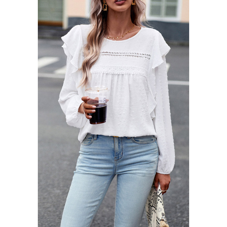 Round Neck Ruffled Blouse White / S Apparel and Accessories