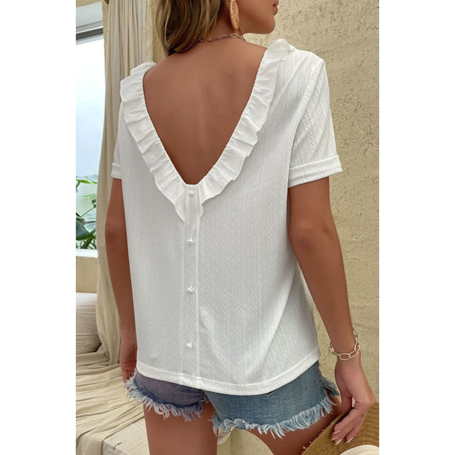 Round Neck Ruffled Short Sleeve Blouse White / S