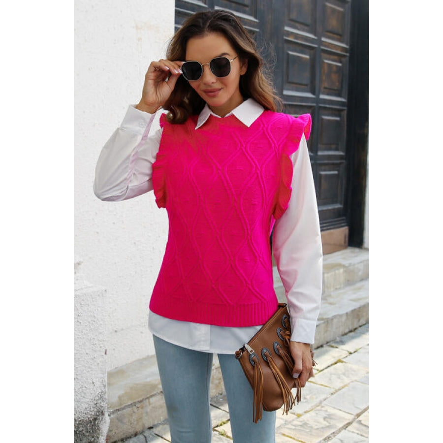 Round Neck Ruffled Sweater Vet Hot Pink / S Women’s Fashion Clothing