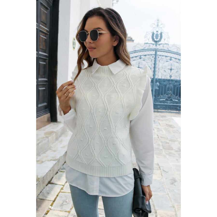 Round Neck Ruffled Sweater Vet White / S Women’s Fashion Clothing