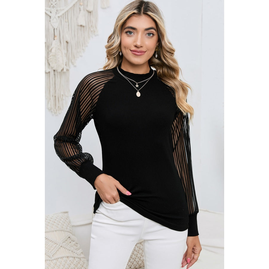 Round Neck Semi-Sheer Sleeve Blouse Black / S