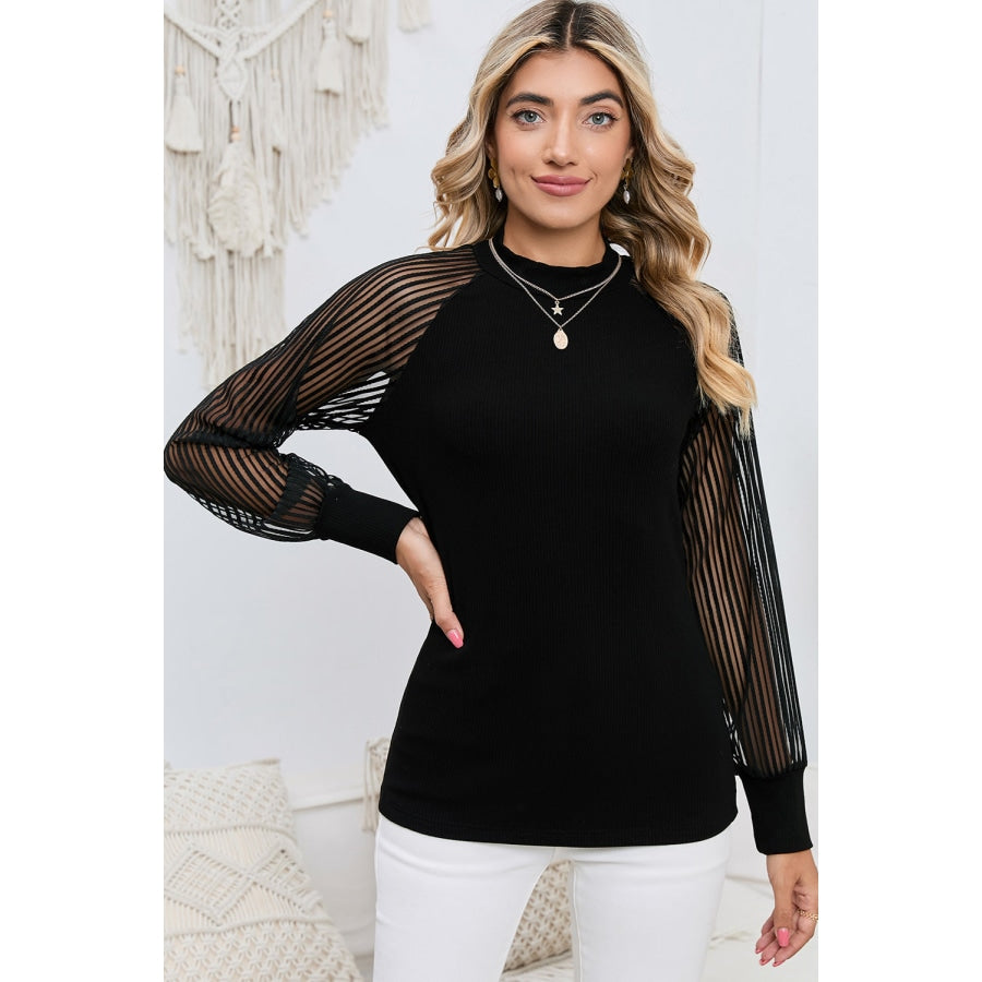 Round Neck Semi-Sheer Sleeve Blouse