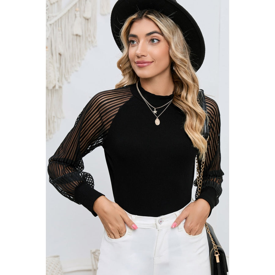 Round Neck Semi-Sheer Sleeve Blouse