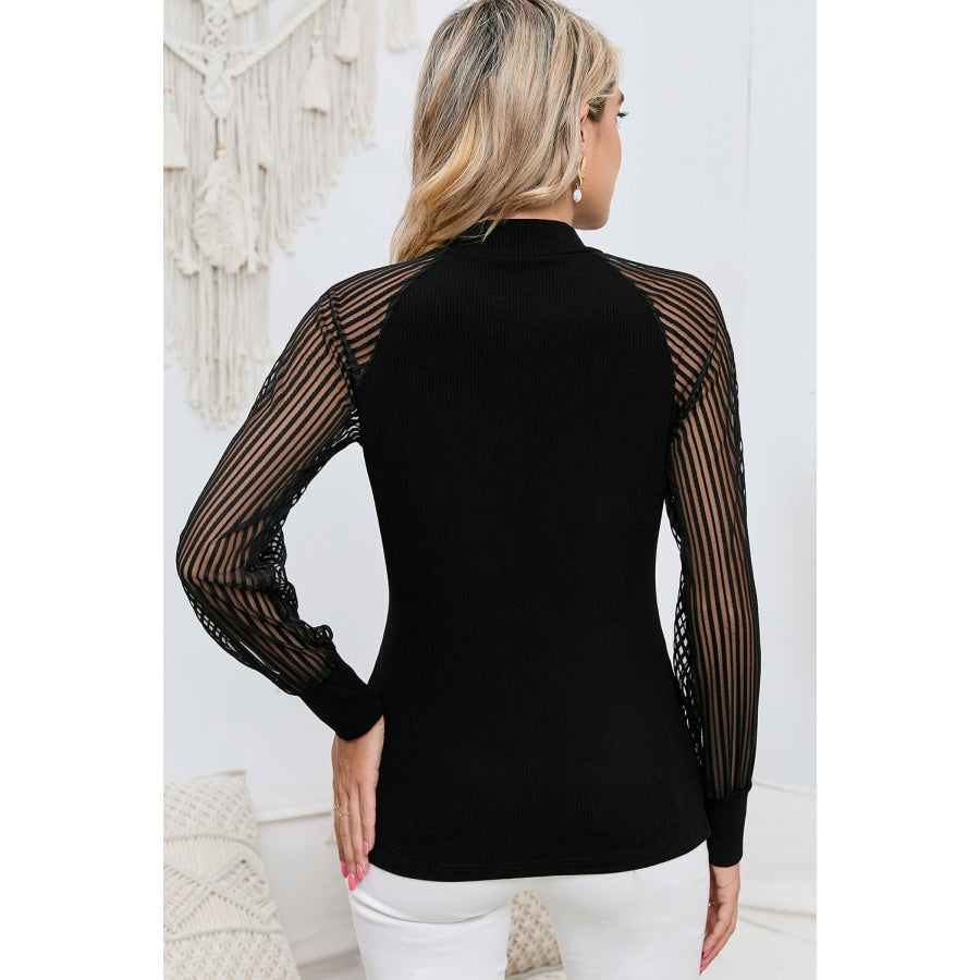 Round Neck Semi-Sheer Sleeve Blouse Black / S