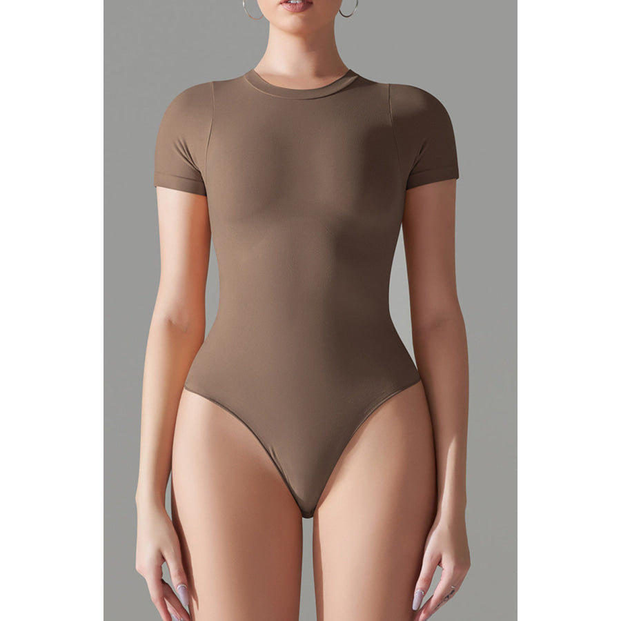Round Neck Short Sleeve Active Bodysuit Chestnut / XS Apparel and Accessories