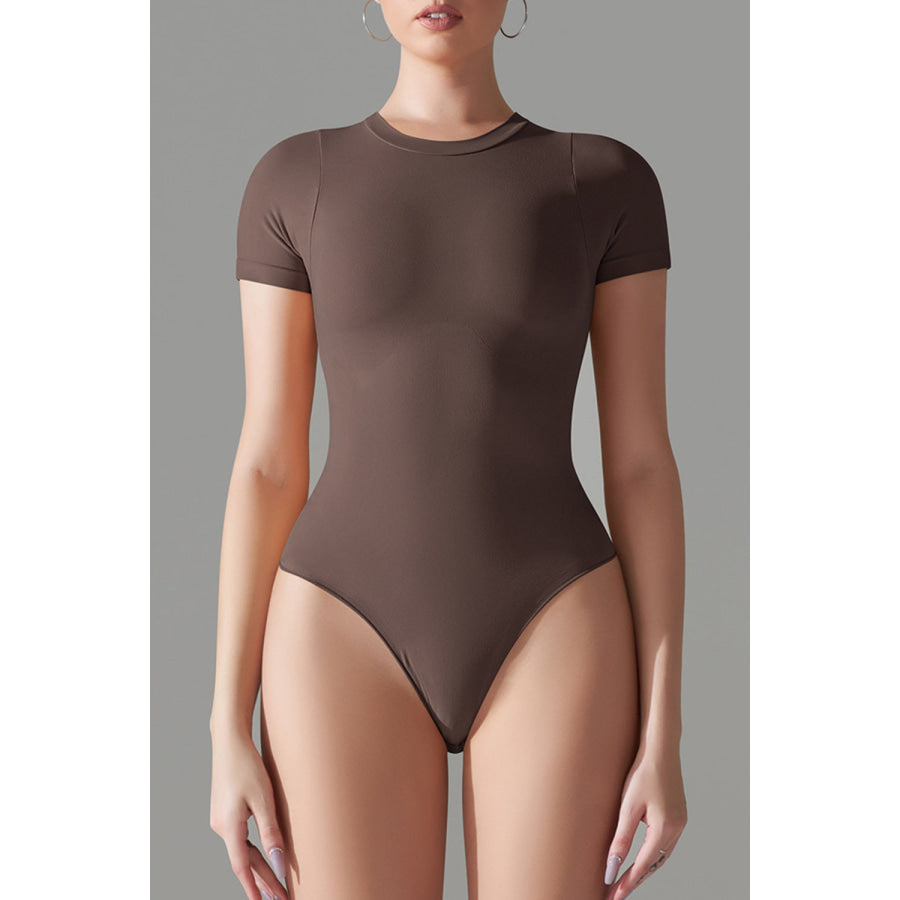 Round Neck Short Sleeve Active Bodysuit Chocolate / XS Apparel and Accessories