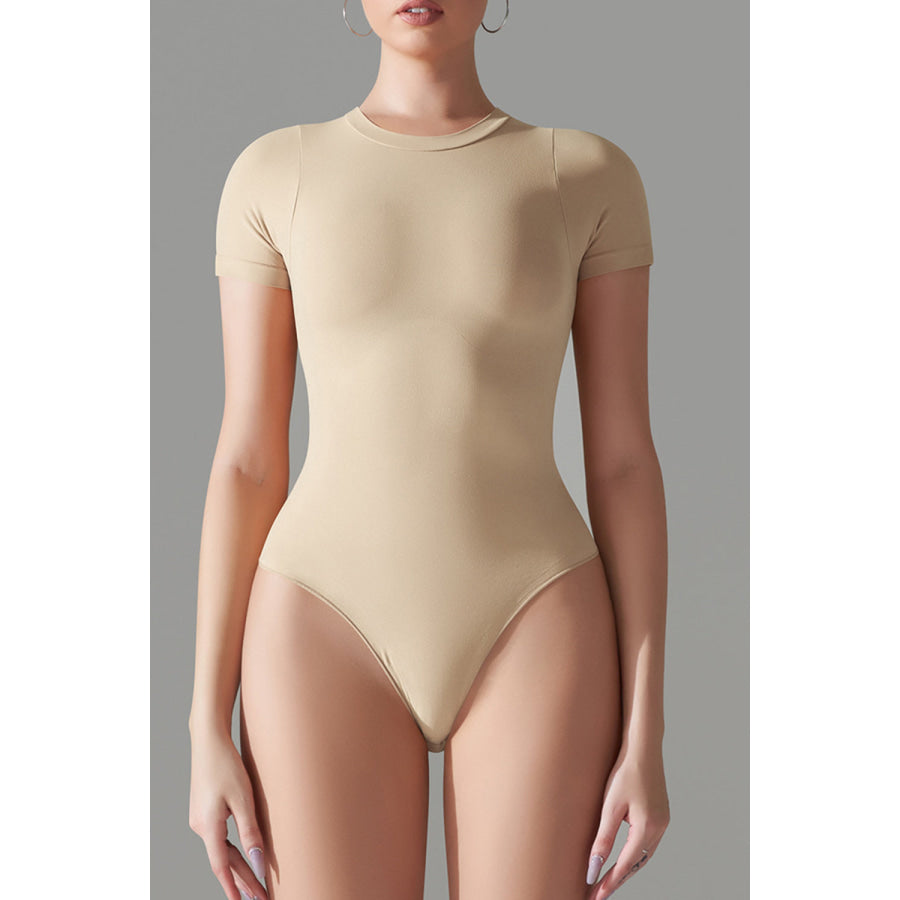 Round Neck Short Sleeve Active Bodysuit Cream / XS Apparel and Accessories