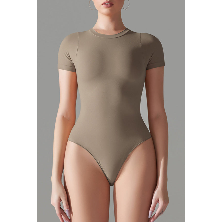 Round Neck Short Sleeve Active Bodysuit Mocha / XS Apparel and Accessories