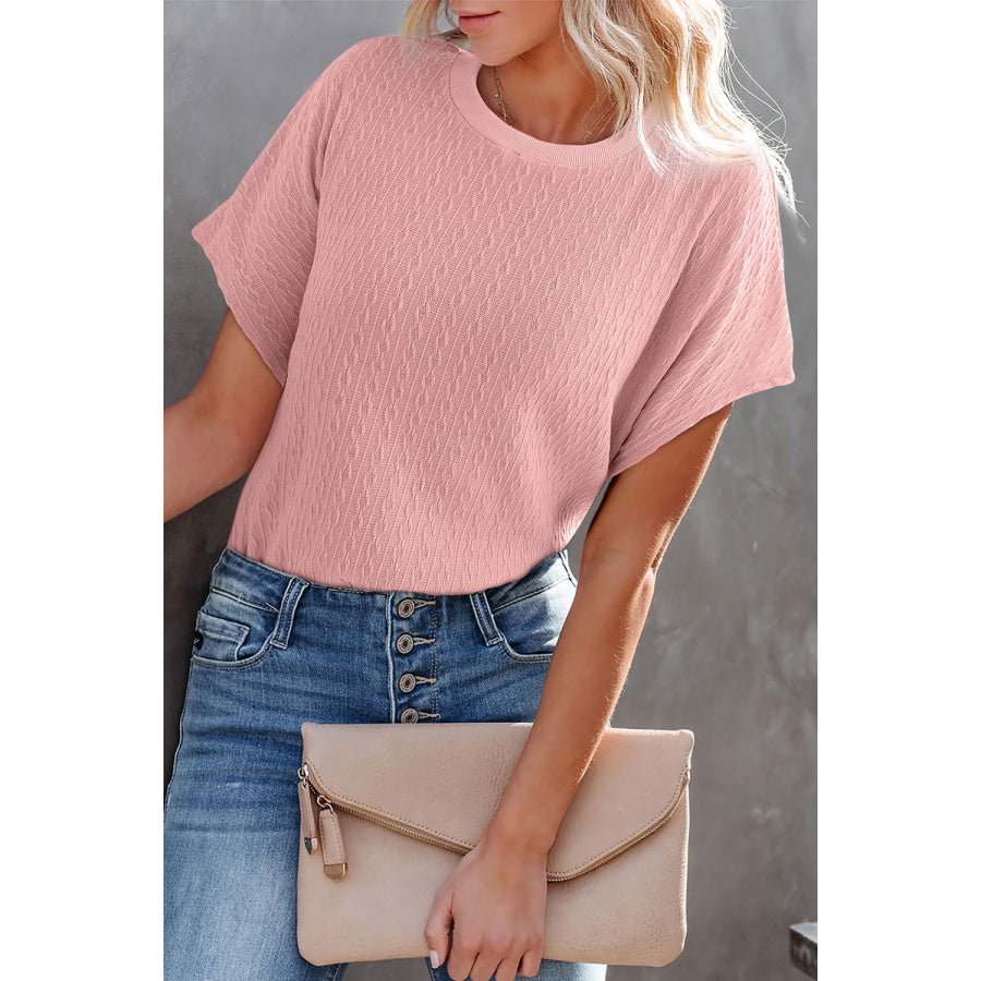 Round Neck Short Sleeve Blouse Blush Pink / S Apparel and Accessories