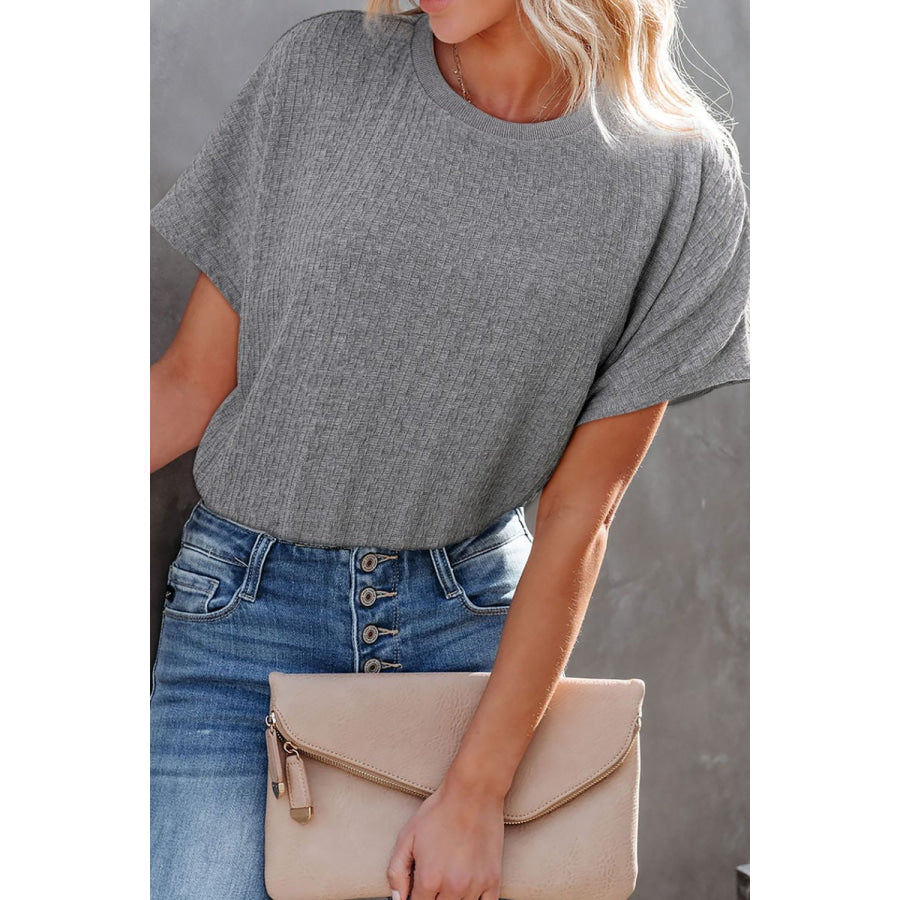 Round Neck Short Sleeve Blouse Gray / S Apparel and Accessories
