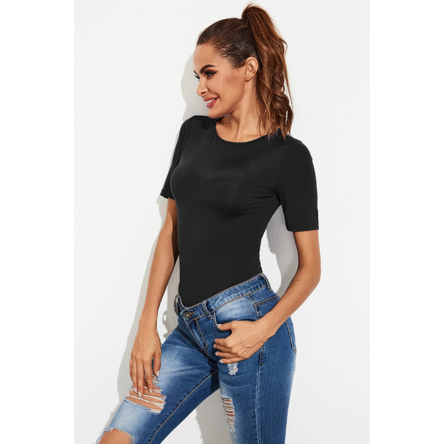 Round Neck Short Sleeve Bodysuit Black / S Apparel and Accessories