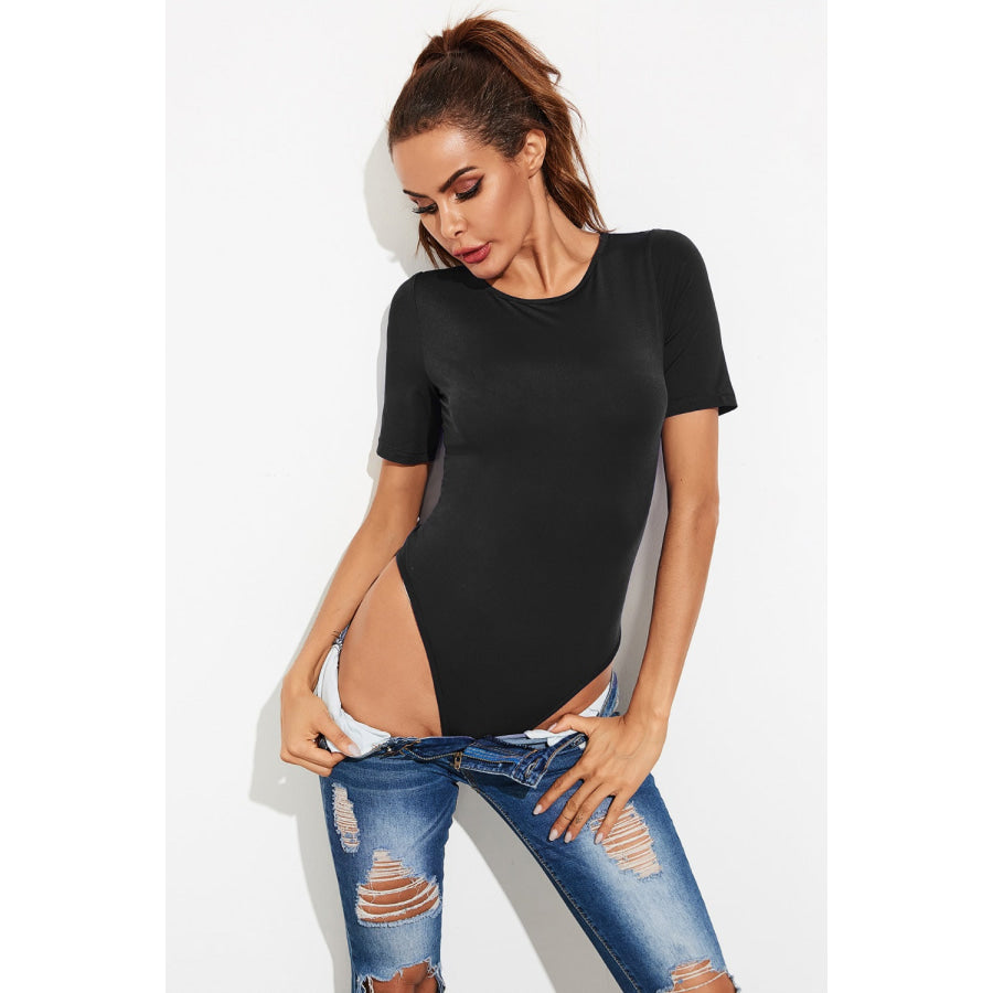 Round Neck Short Sleeve Bodysuit Black / S Apparel and Accessories