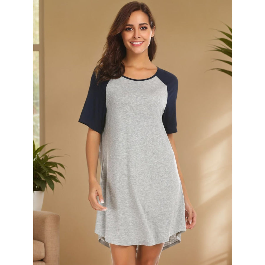 Round Neck Short Sleeve Contrast Lounge Dress Light Gray / S Apparel and Accessories