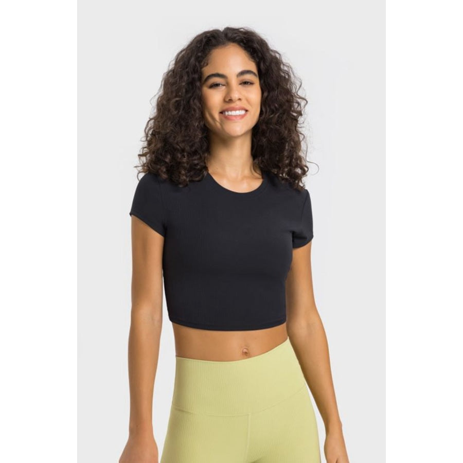 Round Neck Short Sleeve Cropped Sports T-Shirt Black / 4