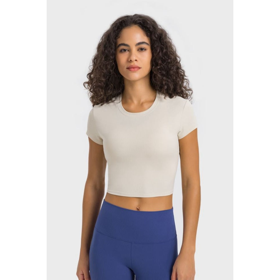 Round Neck Short Sleeve Cropped Sports T-Shirt Ivory / 4