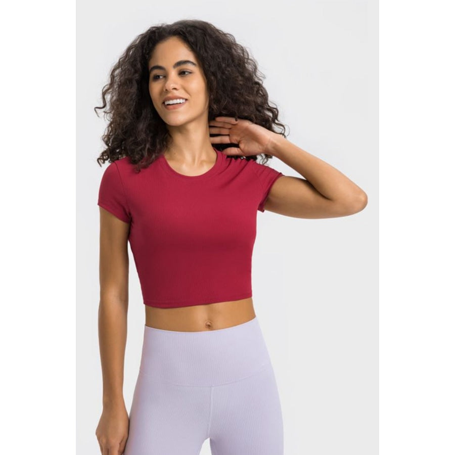 Round Neck Short Sleeve Cropped Sports T-Shirt Red / 4