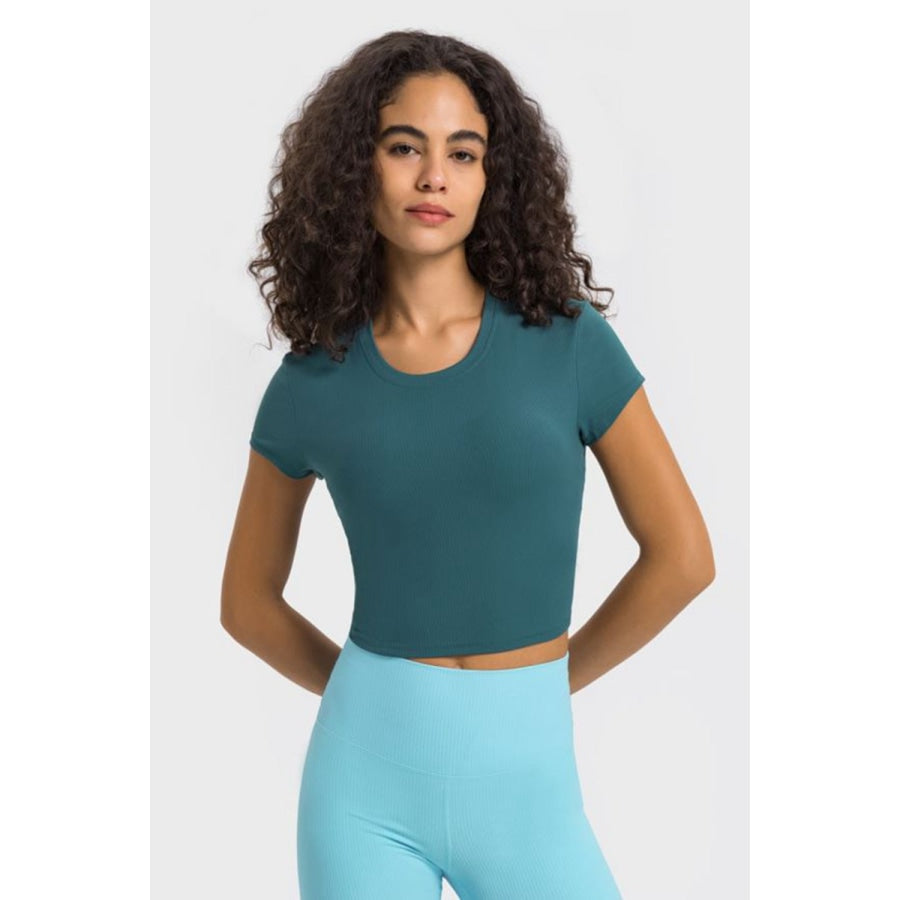 Round Neck Short Sleeve Cropped Sports T-Shirt Teal / 4