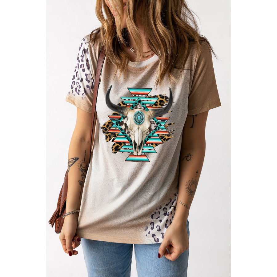 Round Neck Short Sleeve Graphic T-Shirt Beige / S Apparel and Accessories