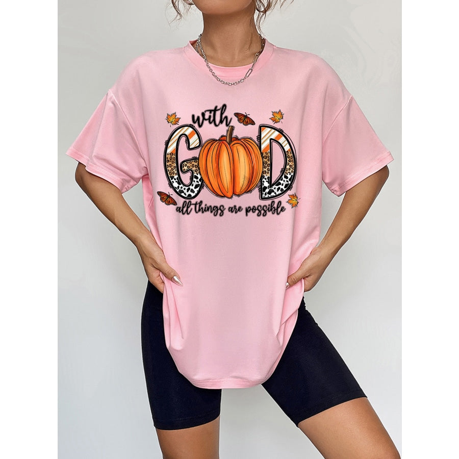 Round Neck Short Sleeve Graphic T-Shirt Blush Pink / S