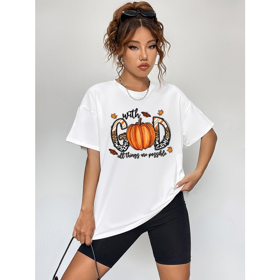 Round Neck Short Sleeve Graphic T-Shirt White / S