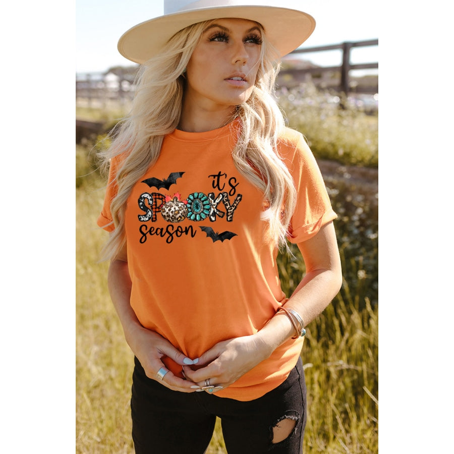 Round Neck Short Sleeve IT’S SPOOKY SEASON Graphic T-Shirt Pumpkin / S