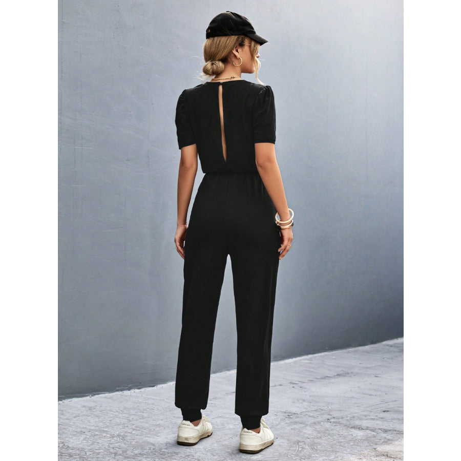 Round Neck Short Sleeve Jumpsuit Black / S Apparel and Accessories